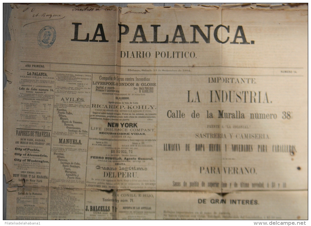 BP202 CUBA SPAIN NEWSPAPER ESPAÑA 1884 \"LA PALANCA\" 13/09/1884. 74X54cm. - [1] Jusqu' à 1980