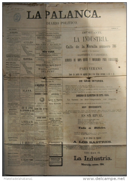 BP202 CUBA SPAIN NEWSPAPER ESPAÑA 1884 \"LA PALANCA\" 13/09/1884. 74X54cm. - [1] Fino Al 1980