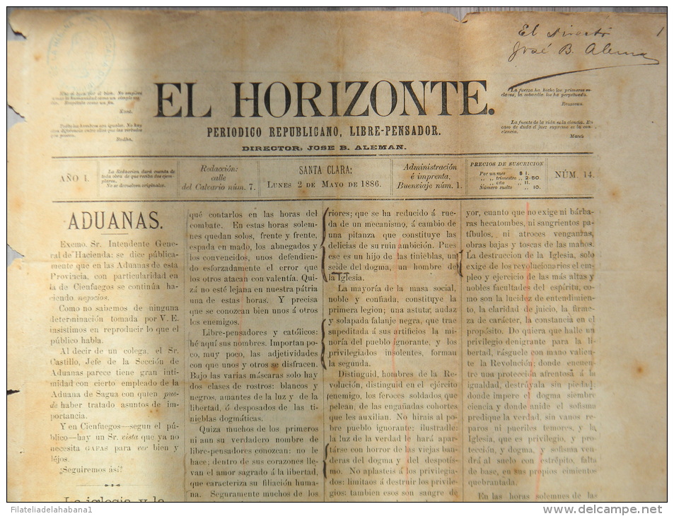 BP205 CUBA SPAIN NEWSPAPER ESPAÑA 1886 \"EL HORIZONTE\" 2/05/1886. 46X32cm. - [1] Until 1980