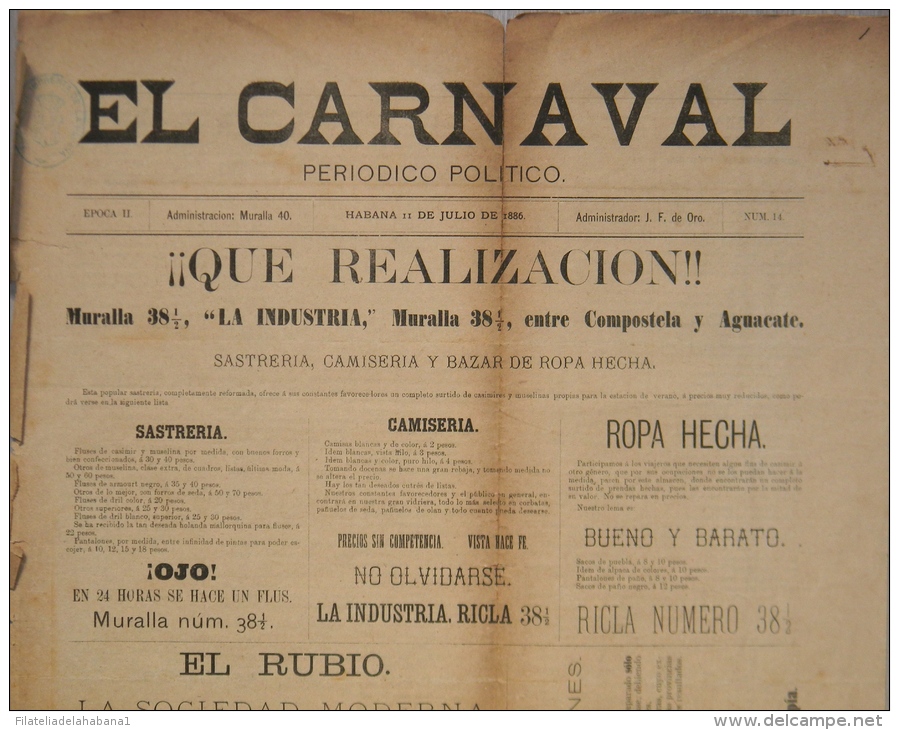 BP206 CUBA SPAIN NEWSPAPER ESPAÑA 1886 \"EL CARNAVAL\" 11/07/1886. 56X37cm. - [1] Jusqu' à 1980