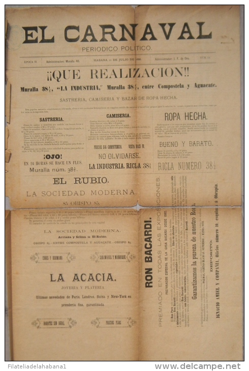 BP206 CUBA SPAIN NEWSPAPER ESPAÑA 1886 \"EL CARNAVAL\" 11/07/1886. 56X37cm. - [1] Hasta 1980