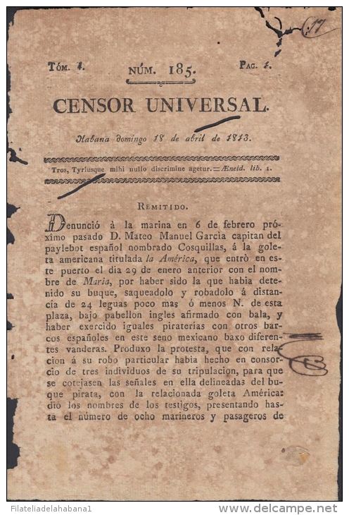 BP107 CUBA SPAIN NEWSPAPER ESPAÑA 1813 CENSOR UNIVERSAL 18/04/1813 - [1] Until 1980