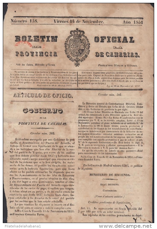 BP106 CUBA SPAIN NEWSPAPER ESPAÑA 1851 BOLETIN OFICIAL DE CANARIAS 14/11/1851 - [1] Until 1980