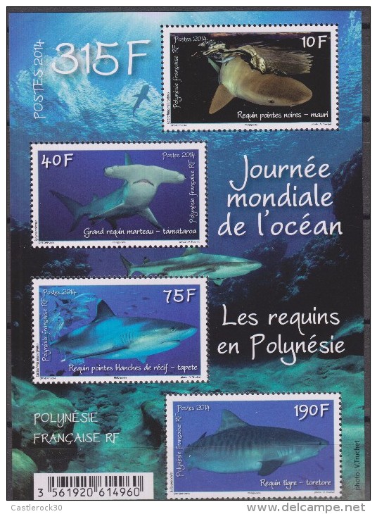 O) 2014 FRENCH POLYNESIA, WORLD OCEANO DAY, SELACHIMORPHA - SHARKS, MNH - Unused Stamps