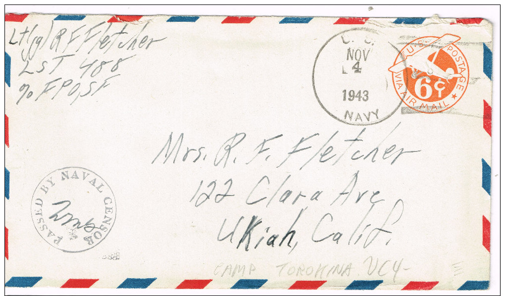 USA Cover Naval Advance Base: Torokina, Bougainville, Solomon Islands US Navy 1943 WWII On UC4 Fine - Postal History