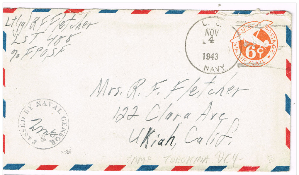 USA Cover Naval Advance Base: Torokina, Bougainville, Solomon Islands US Navy 1943 WWII On UC4 Fine - Poststempel