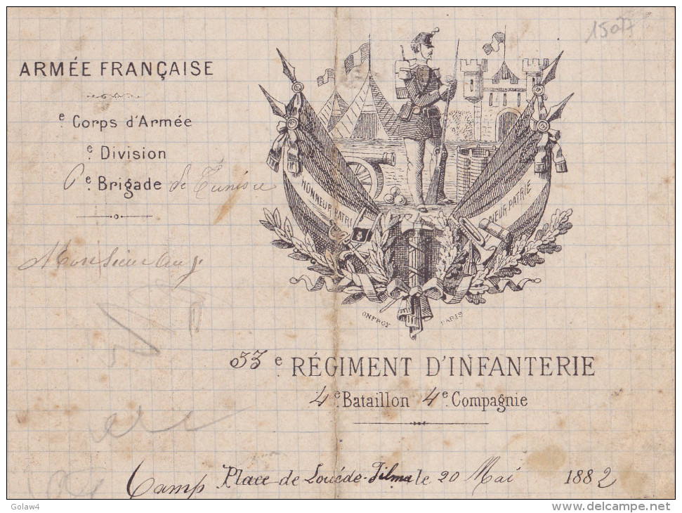 15077# CORRESPONDANCE ARMEE FRANCAISE 1882 CORPS EXPEDITIONNAIRE DE TUNISIE 33è LIGNE 4è BATAILLON 4è COMPAGNIE RENFORT - 1877-1920: Période Semi Moderne