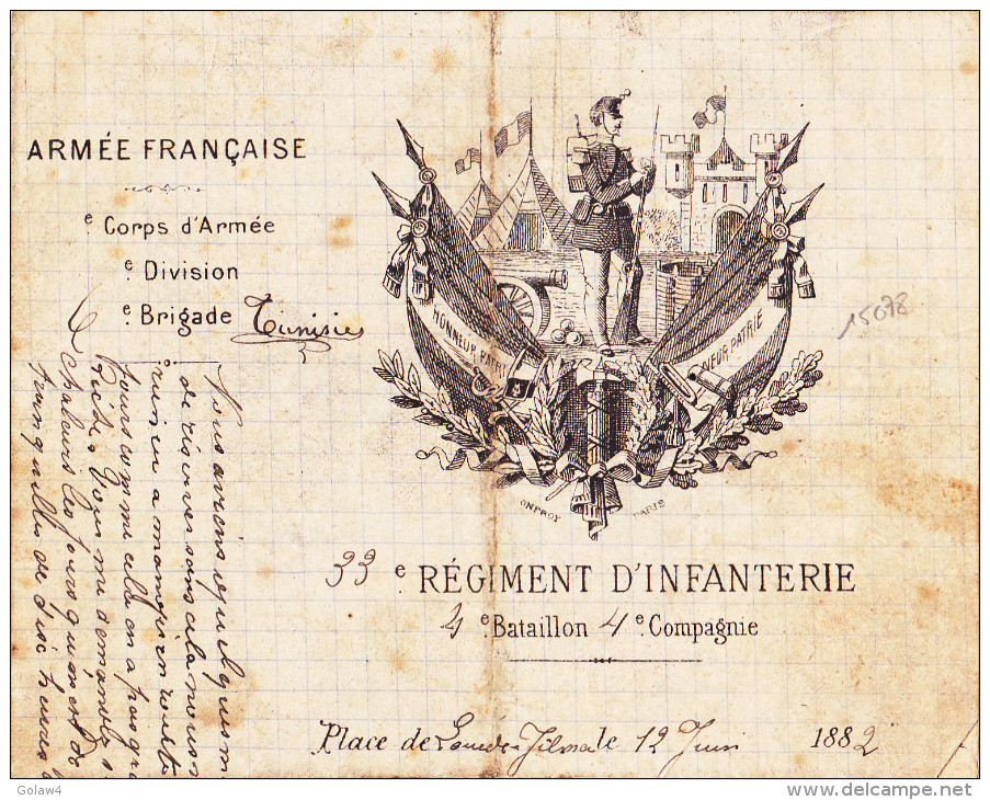 15078# CORRESPONDANCE ARMEE FRANCAISE 1882 CORPS EXPEDITIONNAIRE DE TUNISIE 33è LIGNE 4è BATAILLON 4è COMPAGNIE RENFORT - 1877-1920: Période Semi Moderne