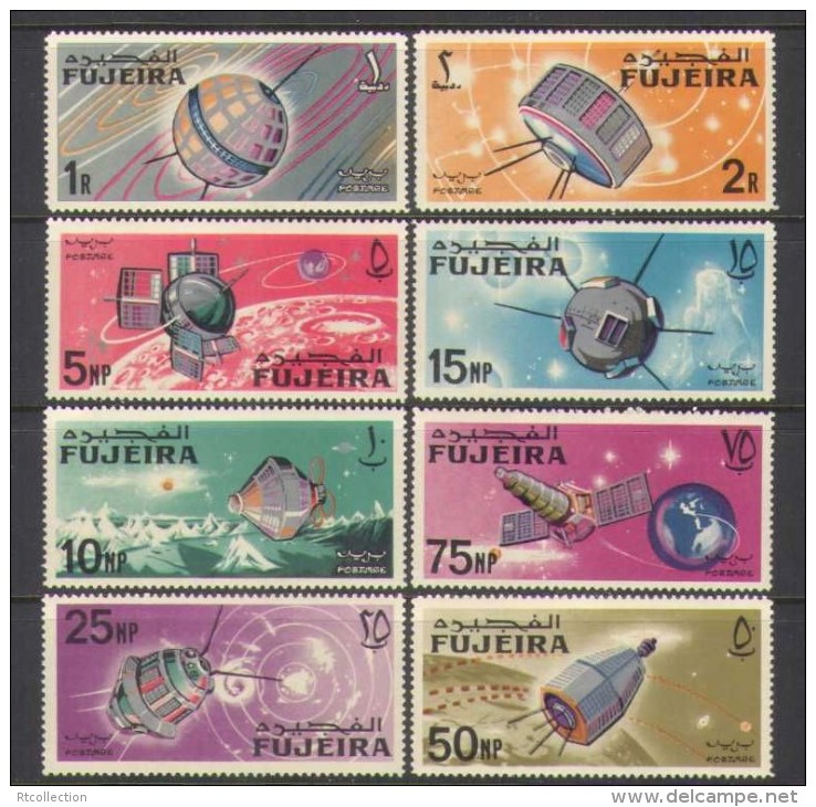 Fujeira 1966 Space Exploration Weltraum Raumfahrt Satellites Radio TV Sciences Stamps MNH Michel 76-83 - Sonstige & Ohne Zuordnung