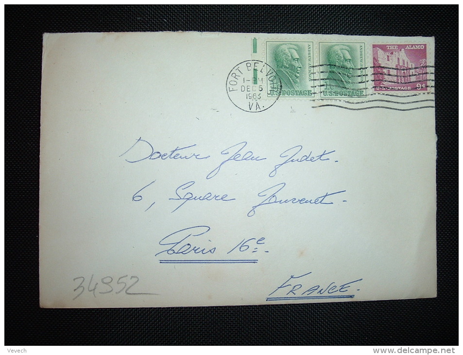 LETTRE POUR LA FRANCE TP THE ALAMO 9 C + TP ANDREW JACKSON 1 C X2 OBL.MEC. DEC 5 1963 FORT BELVOIR + VIGNETTE CHRISTMAS - Lettres & Documents