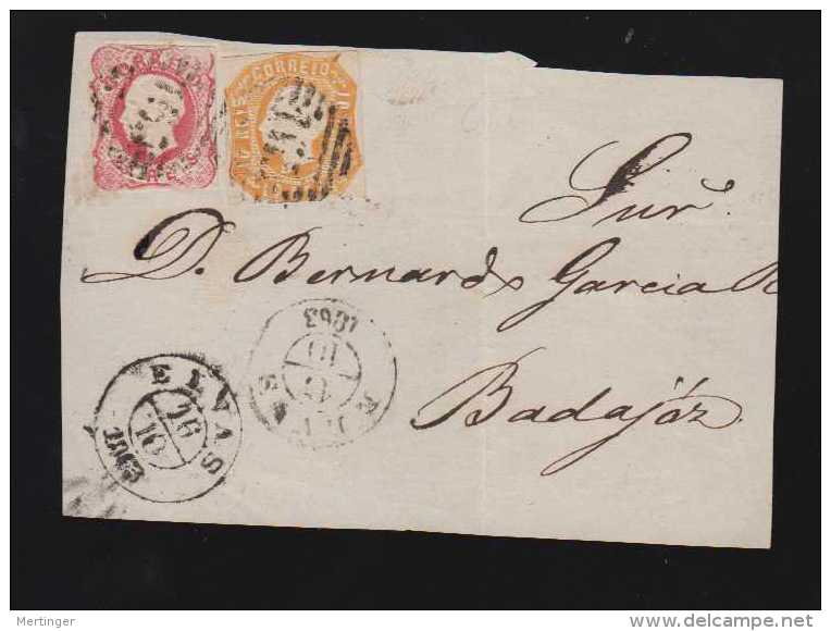 Portugal 1863 Cover Front 25R + 10R Luis I ELVAS To BADAJOZ Spain - Covers & Documents