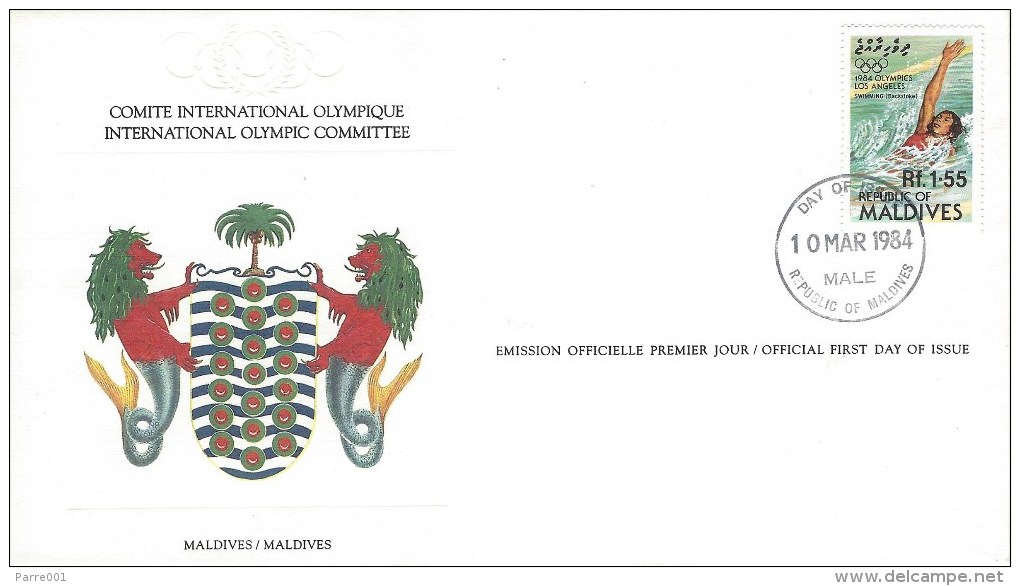 Maldives 1984 Male Olympic Games Los Angeles Backstroke Swimming IOC FDC Cover - Zomer 1984: Los Angeles