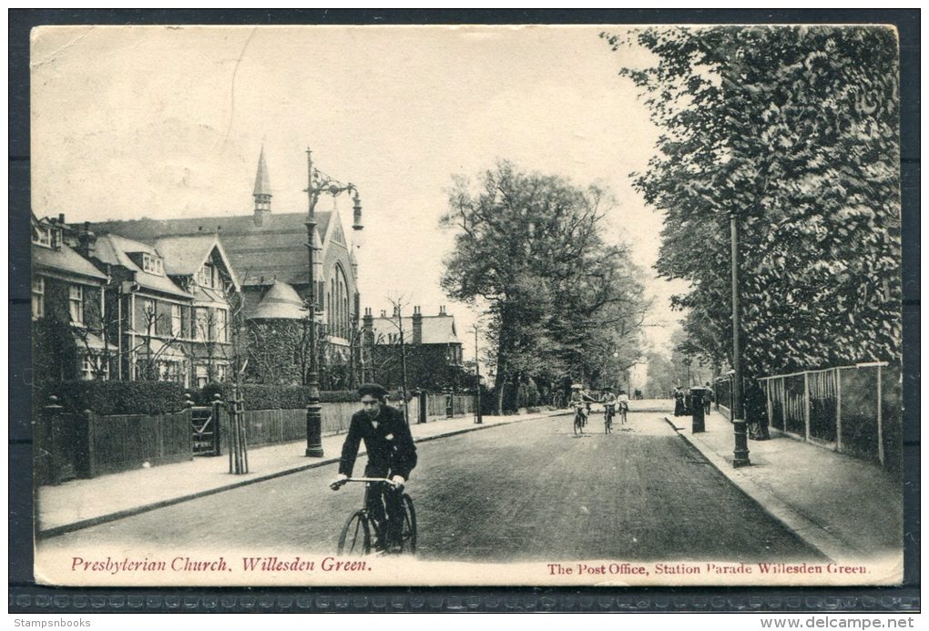 1905 Presbyterian Church, Willesden Green / Post Office, Station Parade Postcard, Kilburn - Hampton Wick - London Suburbs