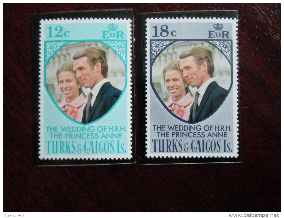TURKS & CAICOS ISLANDS 1973 ROYAL WEDDING Princess ANNE To MARK PHILLIPS SET TWO STAMPS MNH. - Turcas Y Caicos