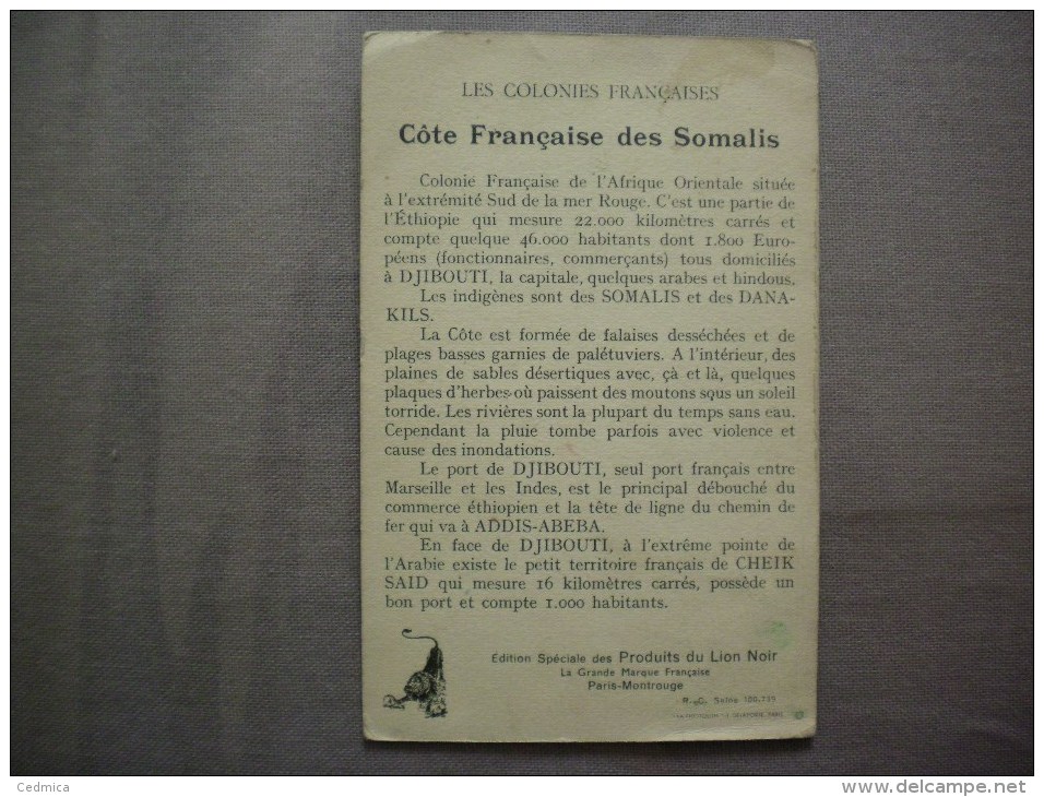 CÔTE DES SOMALIS COLONIES FRANCAISES PRODUITS DU LION NOIR - Géographie