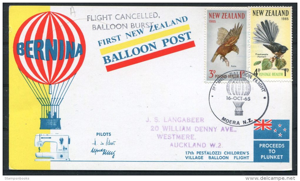 1965 NZ Balloon Post Birds Health Charity Bernina Pestalozzi Children's Village Flights (2) Cancelled / Rearranged Moera - Luchtpost