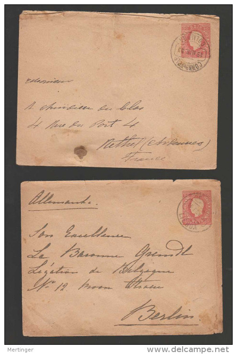 Portugal 1891-93 2 Stationery Envelope Mi# U2 C Used To Germany And France - Covers & Documents
