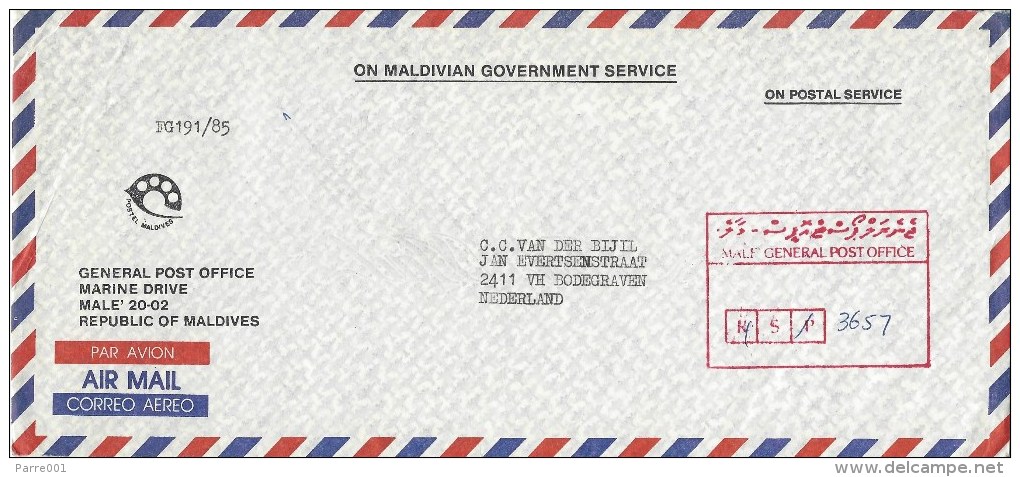 Maldives 1985 Male Unfranked Official Registered Cover With MALE GENERAL POST OFFICE Registration Handstamp In Box - Maldiven (1965-...)