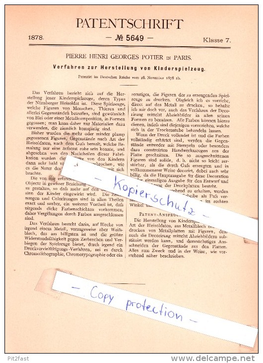 Original Patent - Pierre Henri Georges Potier A Paris , 1878 ,  Production De Jouets Pour Enfants - Toy Memorabilia