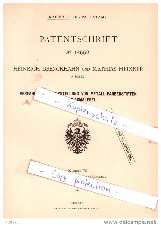 Original Patent - H. Drenckhahn Und M. Meixner In Basel , 1880 , Metall-Farbenstifte !!! - Documents Historiques