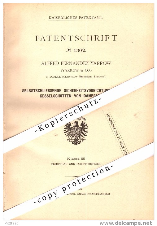 Original Patent - A.F. Yarrow In Poplar , Middlesex , 1878 , Security Apparatus For Steamships !!! - Other & Unclassified