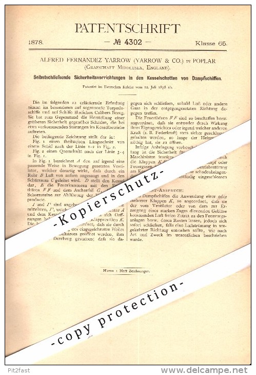 Original Patent - A.F. Yarrow In Poplar , Middlesex , 1878 , Security Apparatus For Steamships !!! - Sonstige & Ohne Zuordnung