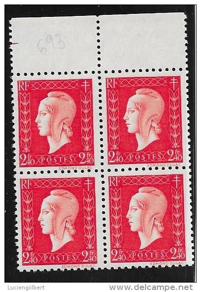 BLOC DE 4 TIMBRES  N°  693   FRANCE  -  MARIANNE DE DULAC   -  1945 -  NEUF - Ongebruikt