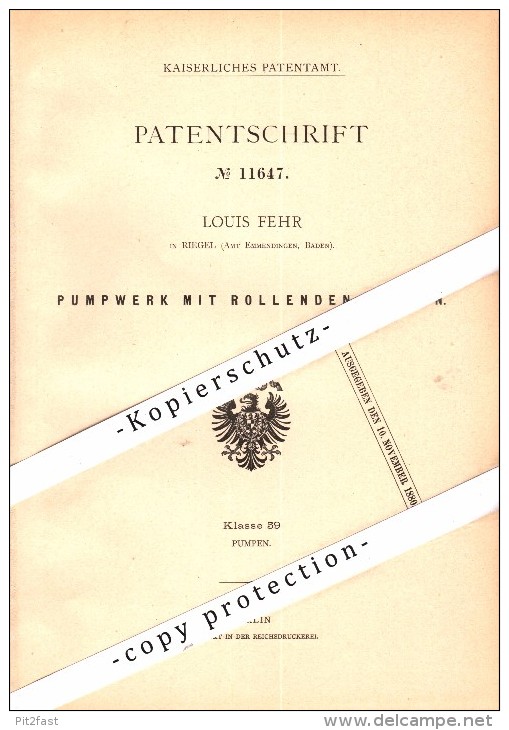 Original Patent - Louis Fehr In Riegel B. Emmendingen , 1880 , Pumpwerk Mit Rollenden Kolben !!! - Emmendingen