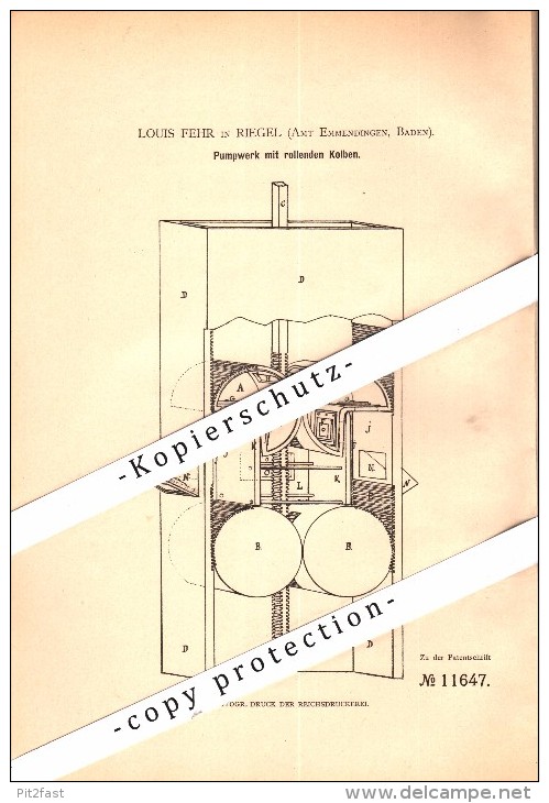 Original Patent - Louis Fehr In Riegel B. Emmendingen , 1880 , Pumpwerk Mit Rollenden Kolben !!! - Emmendingen