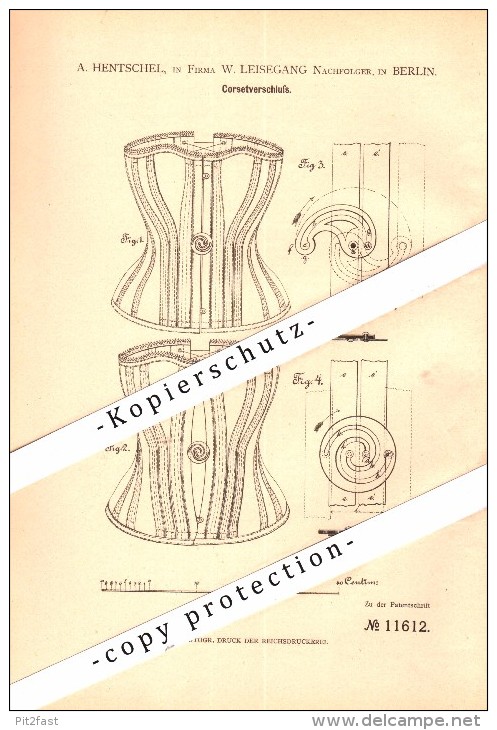 Original Patent - A. Hentschel In Berlin , 1880 , Corset , Korsett , Fa. Leisegang !!! - Encaje