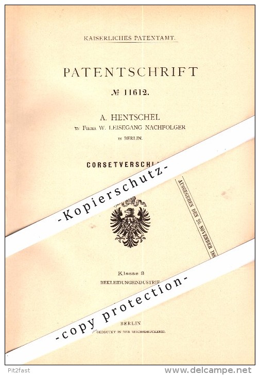 Original Patent - A. Hentschel In Berlin , 1880 , Corset , Korsett , Fa. Leisegang !!! - Leibwäsche