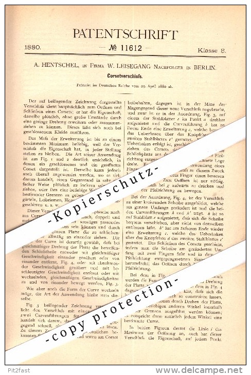 Original Patent - A. Hentschel In Berlin , 1880 , Corset , Korsett , Fa. Leisegang !!! - Leibwäsche