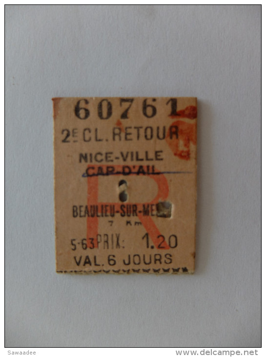 TICKET TRAIN - 2°CL RETOUR - NICE VILLE CAP D'AIL / BEAULIEU SUR MER - 1964 - Europe