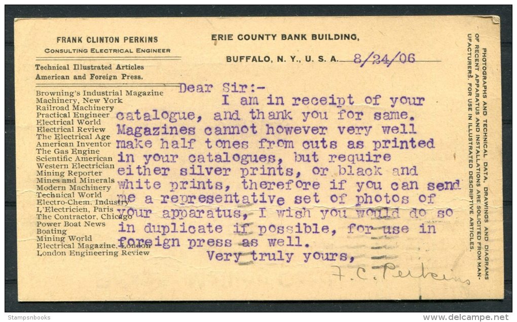 1906 USA Buffalo New York Private Mailing Card Frank Clinton Perkins, Electrical Engineer - Berlin, Germany - Covers & Documents