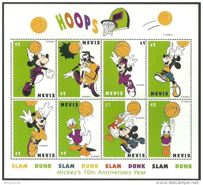 NEVIS 1998 DISNEY SPORTS PASTIMES BASKETBALL MICKEYS 70TH ANNIVERSARY SET OF 2 SHEETLETS MNH - St.Kitts And Nevis ( 1983-...)