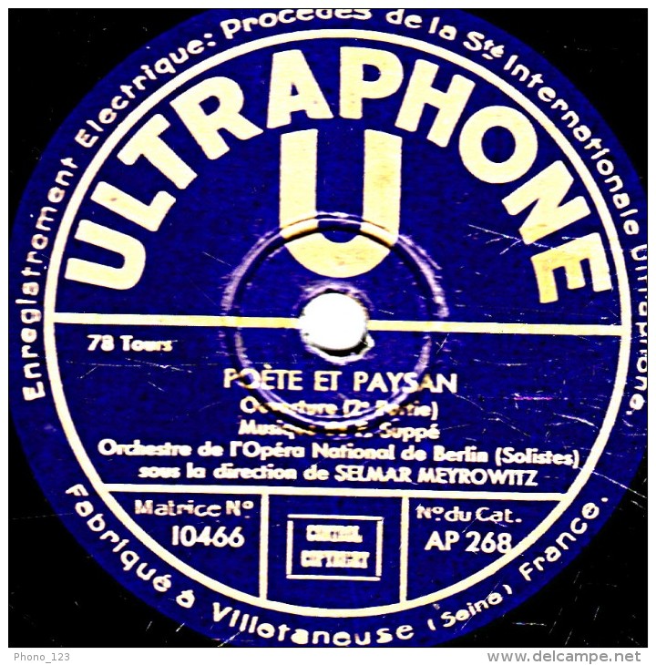 78 Trs - 25 Cm - état EX -  Orch. De L'Opera De Berlin - POÈTE ET PAYSAN Ouverture 1re Et 2e Parties - 78 T - Disques Pour Gramophone