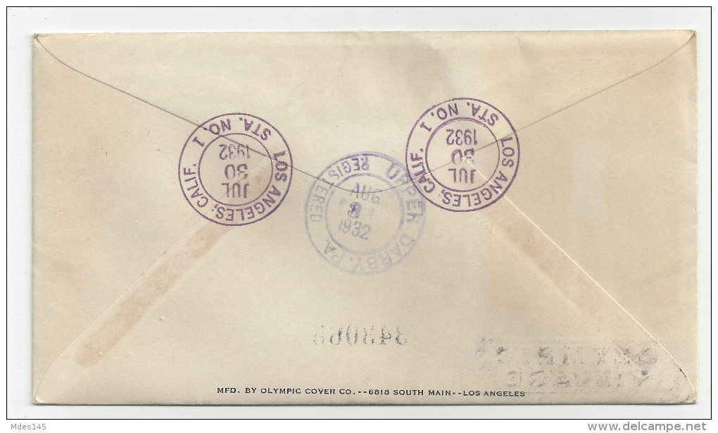 US 1932 Olympic Village Cachet 10th Summer Olympics Opening Day Cover Sc 718 719 Registered - Summer 1932: Los Angeles
