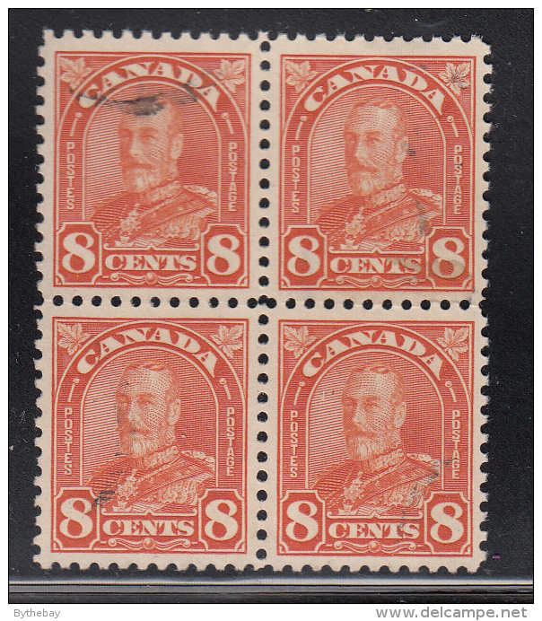 Canada Used Scott #172 8c George V Arch Issue, Red Orange Block Of 4 - Oblitérés