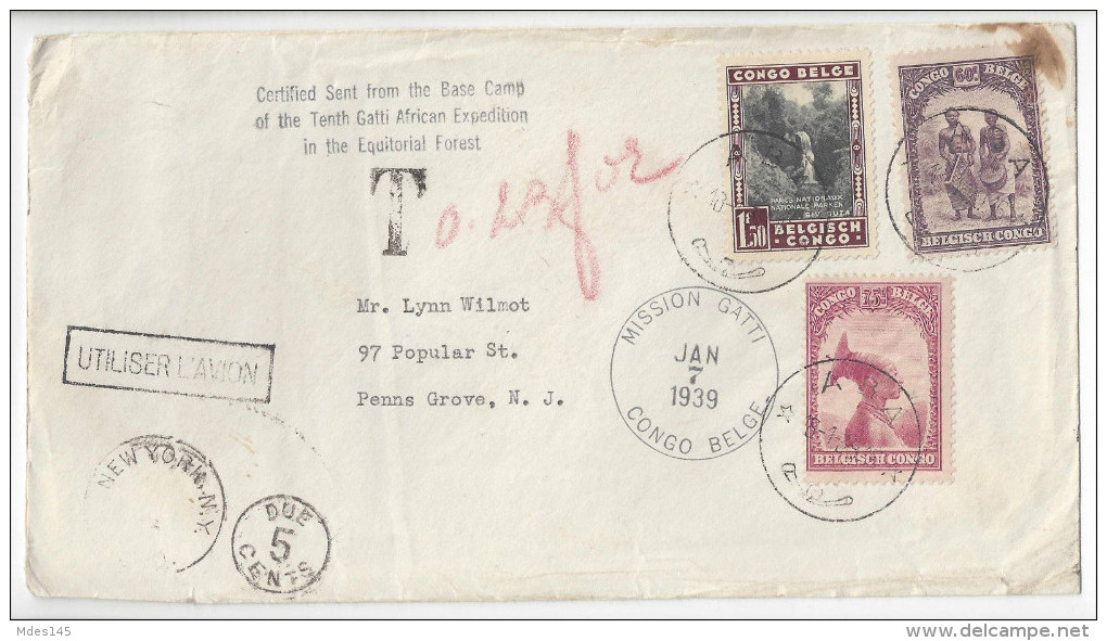 Belgian Congo To US Attilio Gatti 10th Expedition Mission 1939 Postage Due Markings - Covers & Documents