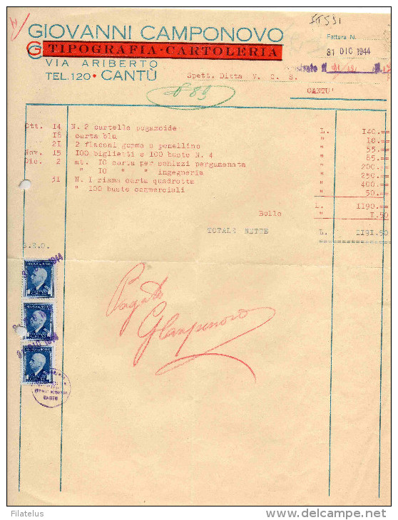 CANTU'-31-12-1944-TIPOOGRAFIA-CARTOLERIA-GIOVANNI CAMPONOVO-VALORI FISCALE CENT. 50 X 3 - Fiscale Zegels