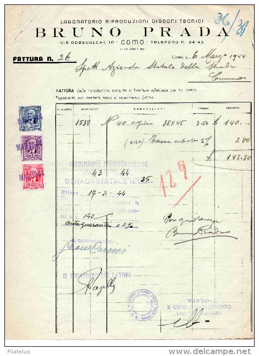 COMO-6-3-1944-DITTA BRUNO PRADA-LABORATORIO RIPRODUZIONI DISEGNI TECNICI-FATTURA - Steuermarken