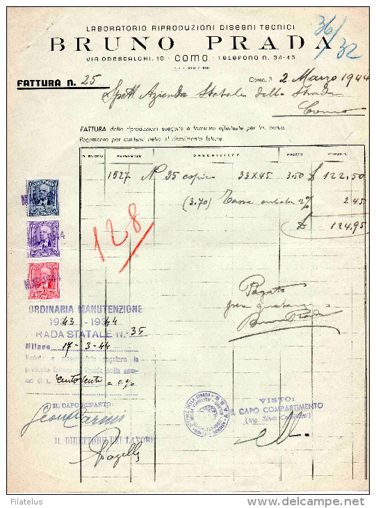 COMO-2-3-1944-DITTA BRUNO PRADA-LABORATORIO RIPRODUZIONI DISEGNI TECNICI-FATTURA - Revenue Stamps