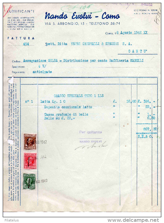 COMO--8-8-1942-DITTA NANDO EVOLVI-LUBRIFICANTI-FATTURA - Fiscales