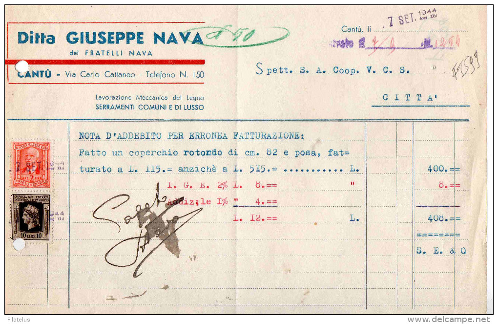 CANTU\'-DITTA GIUSEPPE NAVA-LAVORAZIONE MECCANICA DEL LEGNO-7-9-1944-VALORI FISCALI-REPUBBLICA SOCIALE ITALIANA-FATTURA - Fiscaux