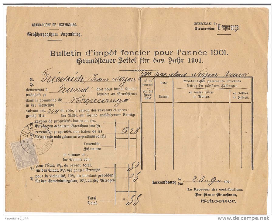 Grand-Duché De Luxembourg Bulletin D'impôt Foncier Pour L'année 1901 Timbre Oblitéré 1901 - Luxembourg