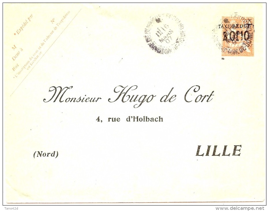 LBL33 - MOUCHON 15c SURCH. TAXE RÉDUITE 10c REPIQUAGE HUGO DE CORT  LILLE VOYAGEE CLERMONT FERRAND 6/3/1907 - Umschläge Mit Aufdruck (vor 1995)