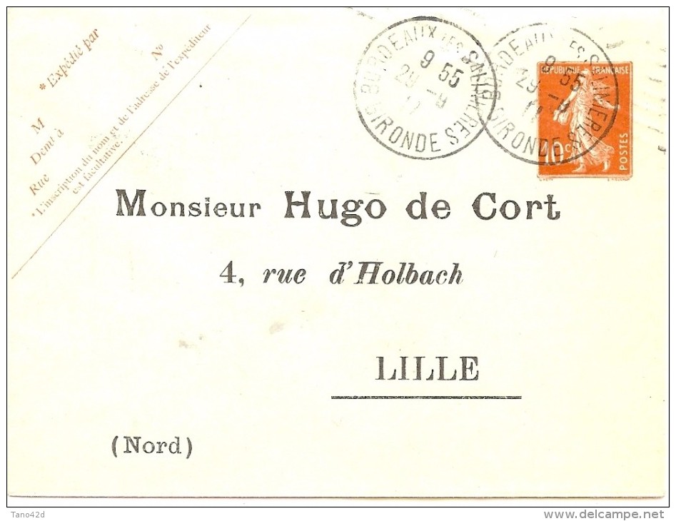 LBL33 -SEMEUSE CAMEE 10c REPIQUAGE HUGO DE CORT  LILLE VOYAGEE BORDEAUX 29/9/1912 - Enveloppes Repiquages (avant 1995)