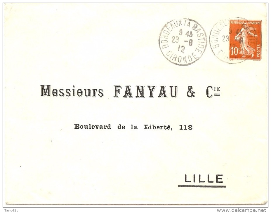 LBL33 -SEMEUSE CAMEE 10c REPIQUAGE MM. FANYAU  VOYAGEE BORDEAUX 23/8/1912 - Overprinted Covers (before 1995)