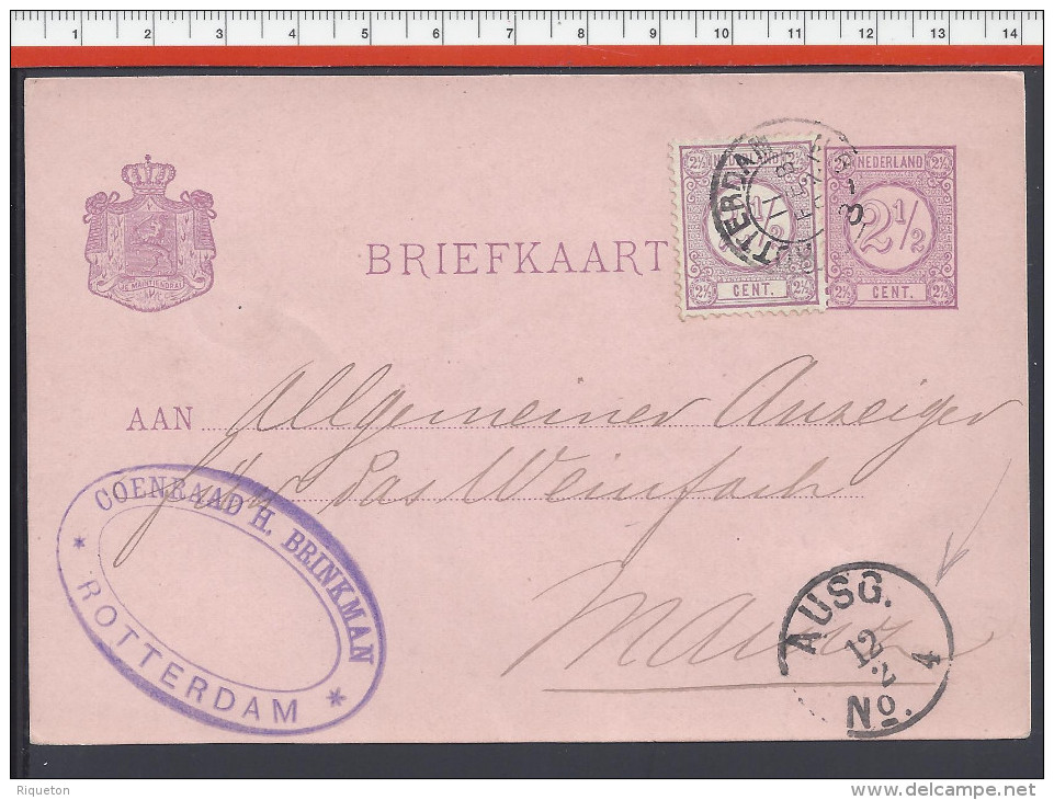 PAYS-BAS - 1892 - CARTE ENTIER POSTAL + COMPL. D'AFFRANCHISSEMENT DE ROTTERDAM VERS MAINZ - - Postal Stationery