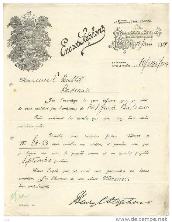 FACTURE LETTRE : LONDON . ENCRES STEPHENS . 1908 . - Royaume-Uni